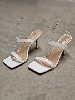 Square Toe White Strappy High Heel Sandals With Double Strap Design For Women